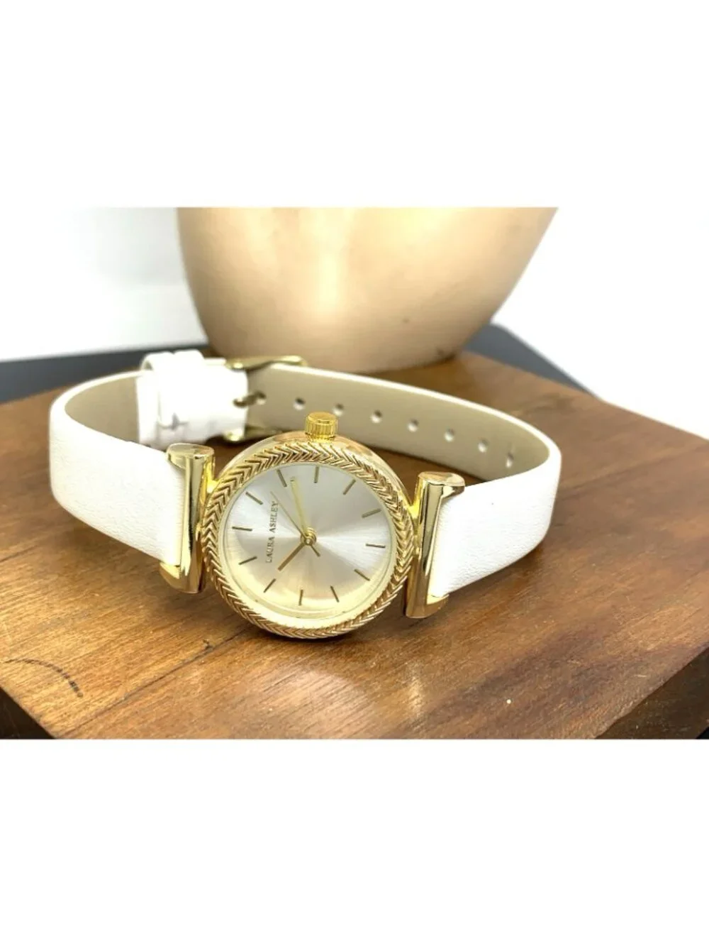 Laura Ashley Women's Watch LA2101YG Quartz Silver Dial Gold White Leather Strap